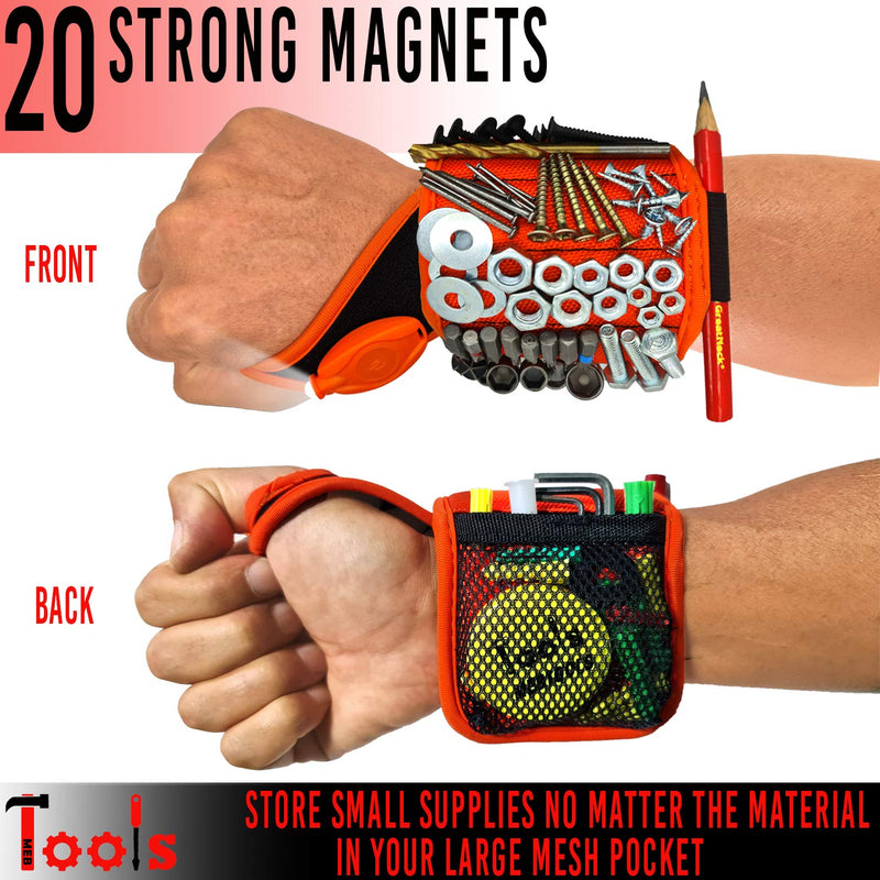 2 Magnetic Wristbands with Flashlight and Tape Measure – Screw, Drill Bit, and Nail Holder with 20 Strong Magnet Pieces Increases Convenience for DIY, Carpenters, Mechanics, and More by MEBTOOLS Adjustable Orange+black