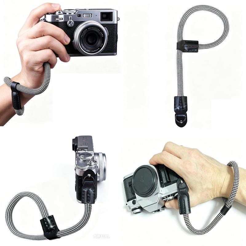 Camera Wrist Strap Adjustable Camera Hand Straps Quick Release Handmade Nylon Rope with Genuine Leather Interface Black&white