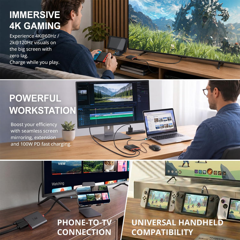 Switch 2 Dock for TV, Aluminum Alloy Shell HDMI 2.0 4K@60Hz HDR Docking Station for Nintendo Switch 2/OLED/Steam Deck/ROG Ally, USB C to HDMI Adapter with 100W PD 3.0 Fast Charging & USB3.0