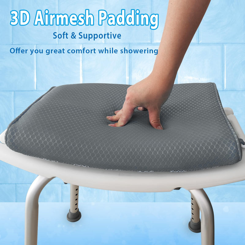 Shower Seat Cushion, Shower Chair Cushion for Transfer Benches in Bathtub, Cushion for Sauna, 3D Mesh Pad with Hook, Slip-Resistant, Design for Elderly, Senior, Handicap Disabled Gray