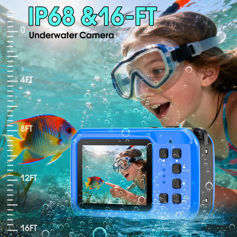 4K Underwater Camera, 64MP 16FT Compact Waterproof Camera with 16GB Card | Floatable Digital Camera, 16X Digital Zoom, Auto Focus, Fill Light, 650mAh Battery, Ideal for Travel, Surfing, Swimming Blue