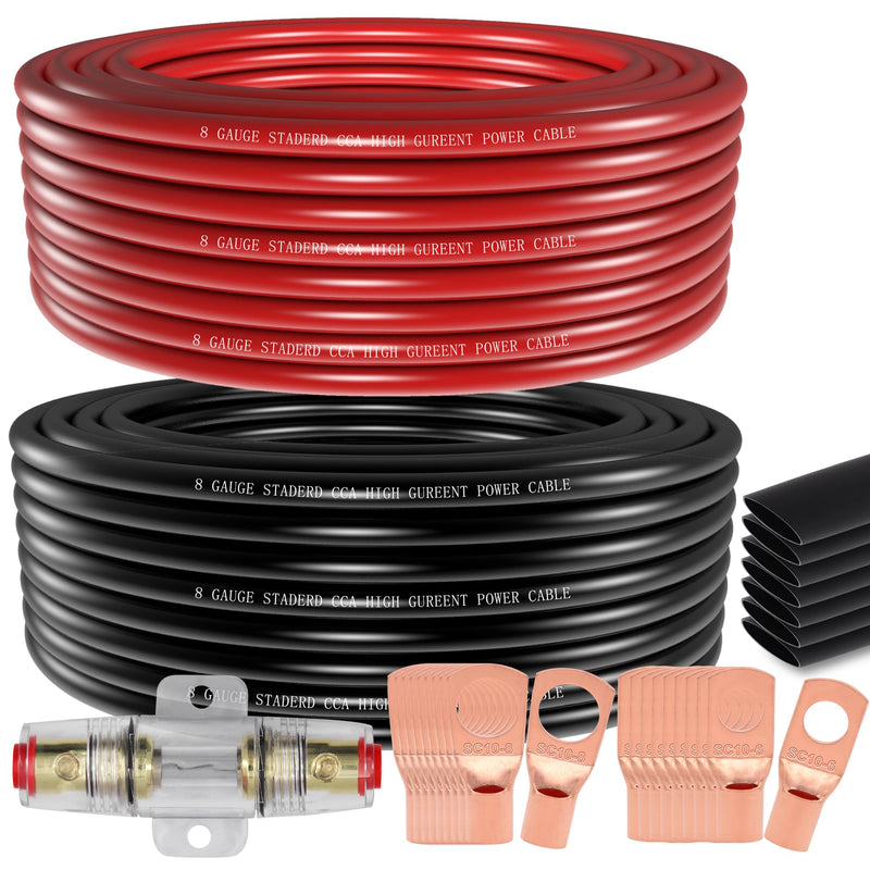 50FT 8 Gauge Wire Copper Clad Aluminum CCA Black/Red with 8ga lugs,60A Fuse Holder,Heat Shrink Tube - Battery Power/Ground Cable,Car Audio Speaker,RV Trailer Amp Wiring kit (25ft Each- Black/Red) 50FT