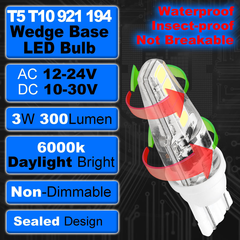 15W 20W T5 T10 Wedge Base LED Light Bulb 300lm AC/DC 12V-24V Daylight White 6000K 3W 194 921 T10 LED Bulb for Automotive Car RV Camper Trailer Landscape Driveway Malibu Lawn Lighting, 8 Pack 6000k Daylight White 8 Count (Pack of 1)