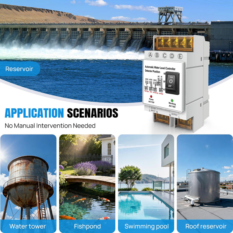 Automatic Water Level Controller AC 110V, Liquid Level Sensor Pump Float Switch Control Relay with 6.5ft Detector, 4 Modes Auto Water Tank Supply & Drain Control