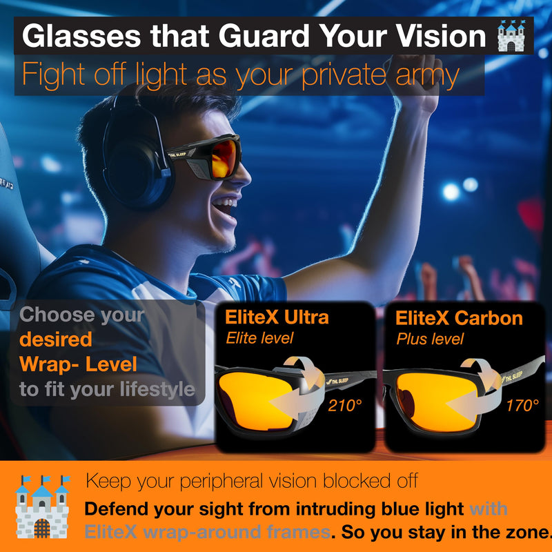 Orange Blue Light Blocking Glasses for Better Sleep - Amber Wrap Around Computer Migraine Glasses - EliteX Ultra Nighttime Migraine Gaming Glasses Men & Women - Screen Eye Strain Blue Light Blockers