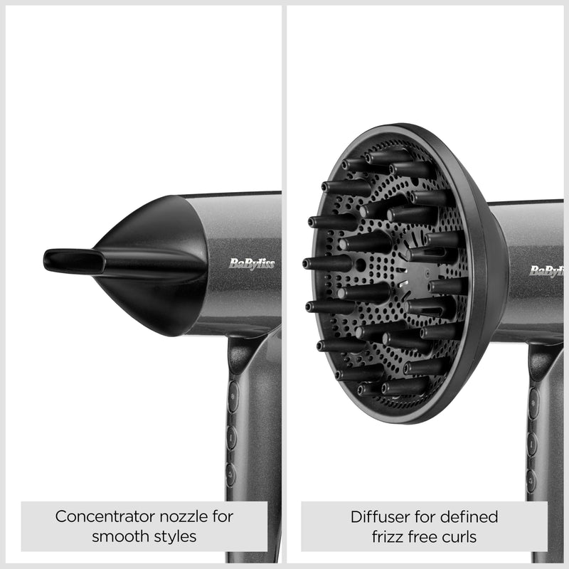 BaByliss Titanium Shine Hair Dryer - Powerful and Compact, 1600W High Speed Digital Motor, Large Diffuser, 3 Heat & 3 Speed Settings, Metallic Grey, D6200DU NEW