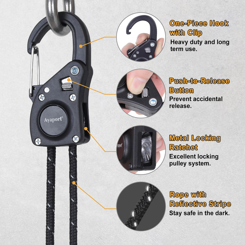 Ayaport Rope Tie Down Ratchet with Carabiner Clip 1/4" x 12' Rope Cord Tightener Heavy Duty Construction Kayak tie Downs for Tent, Tarp, Camping Black 1/4"x12'-2pcs