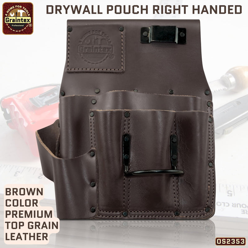 Graintex Drywall Pouch Brown Color Heavy Duty Top Grain Leather, Steel Hammer Holder, Drywall Tool Belt, Framers Tool Pouch, Construction, Carpenter, Electricians - OS2353 Right Handed