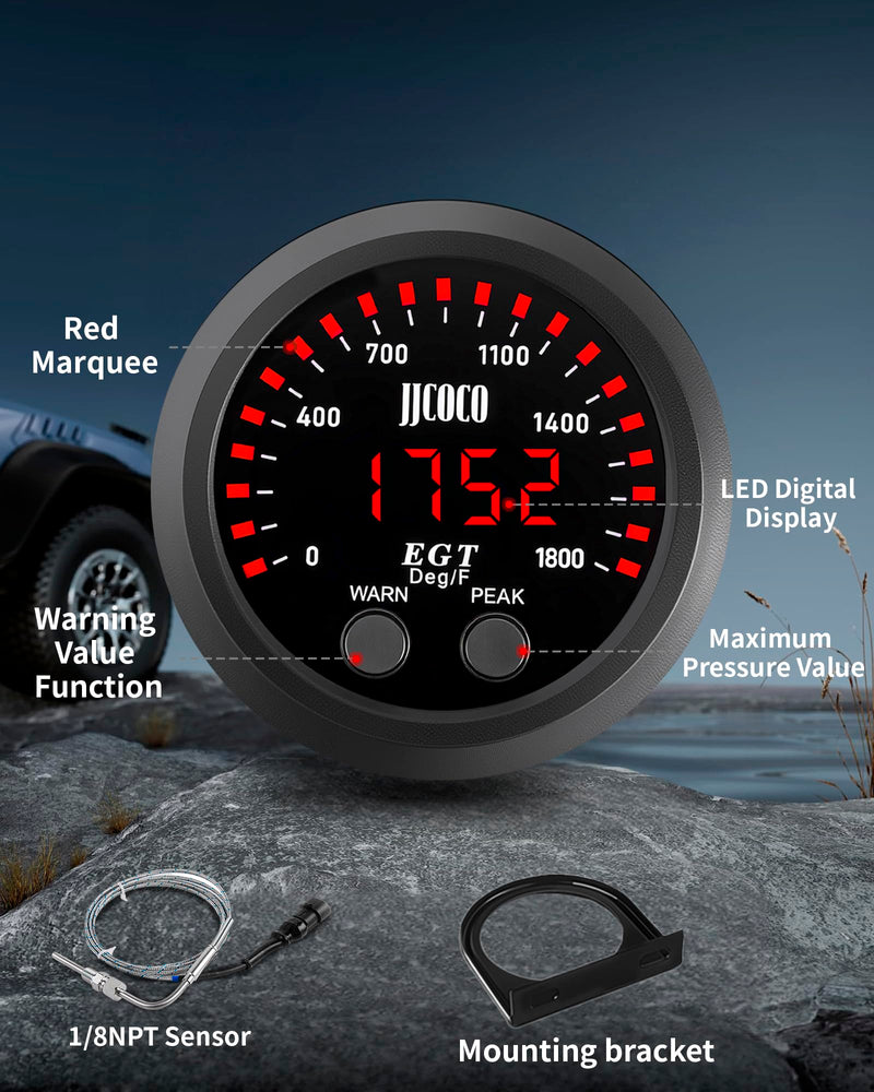 1800°F Pyrometer Exhaust Gas Temp Gauge Kit with 1/8NPT Type K EGT Sensor & Bracket LED Digital Display Exhaust Gas Temperature Meter for Car & Truck 2-1/16" (52mm)