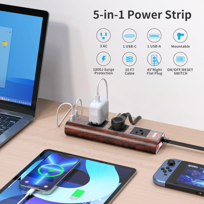 Power Strip Surge Protector (1800J) – 10FT Extension Cord with Ultra Thin Flat Plug, 3 Widely-Spaced Outlets, 1 USB-C & 1 USB-A Port, Wood Finish Power Strip with USB for Home, Office or Dorm Walnut Wood Grain