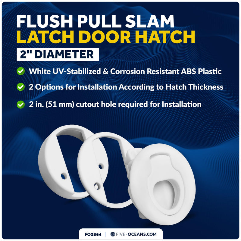 Five Oceans 2" Flush Pull Slam Latch Door Hatch, White UV-Stabilized and Corrosion-Resistant ABS Plastic, 2-Inch Cutout Hole Required - FO2864