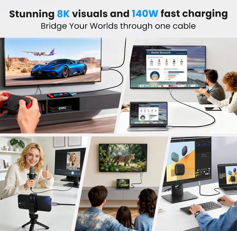 8K USB C to HDMI 2.1 Cable, 4K@240Hz with 140W Charging | 8K@60Hz/4K@240Hz, PD 140W charging, for MacBook/iPad/iPhone/Switch 2, plug & play, portable for TV/gaming, 6.6ft braided