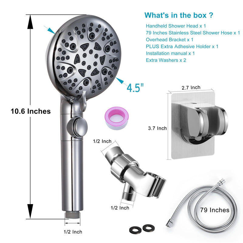 Handheld Shower Head with ON/OFF Switch,Detachable 8 Mode High Pressure Shower Wand with Long Hose and Bracket PLUS Extra Adhesive Holder for Lower Mount,Built-in Power Wash to Clean Tub,Silve Silver