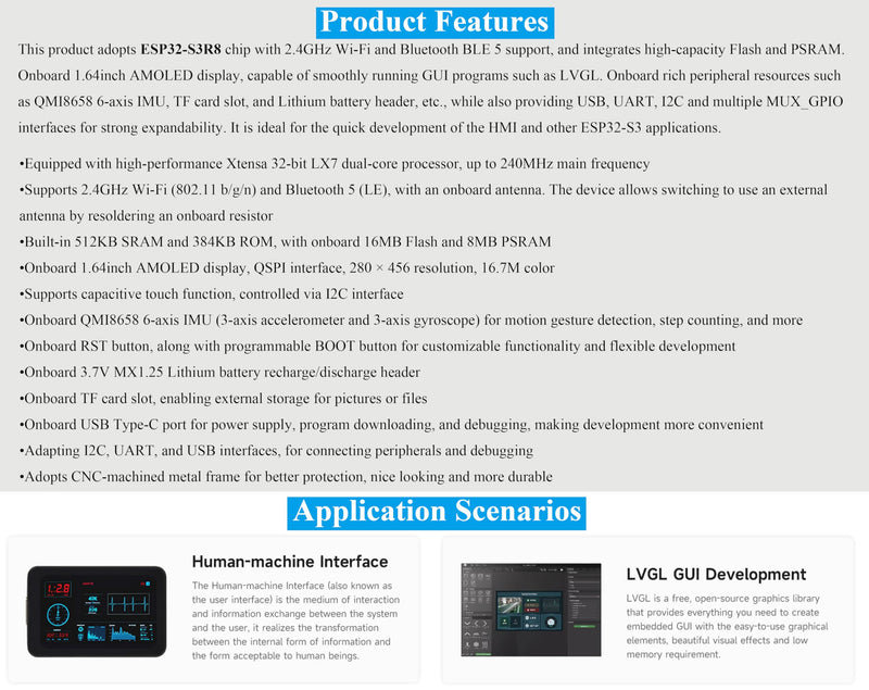 ESP32-S3 with 1.64inch AMOLED Touch Display Development Board, 280 x 456, QSPI Interface, Onboard Accelerometer and Gyroscope Sensor,Type-C, UART, I2C, etc. Ideal for HMI and ESP32-S3 Applications