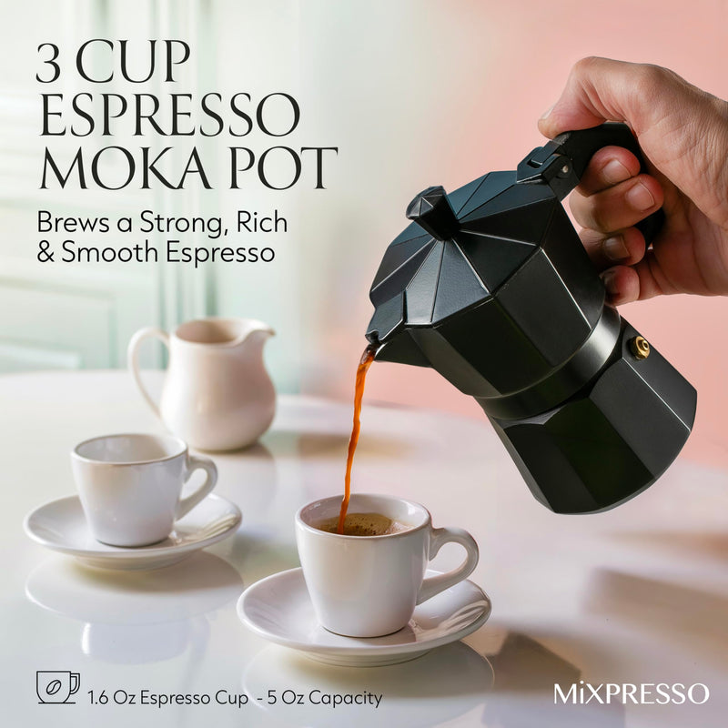 Mixpresso Black 3 Cup Moka Pot Cuban Coffee Maker, Moka Pot for Gas, Electric Stove Top, Classic Italian Coffee Maker, Stovetop Espresso Maker, Camping Pot Makes 3 Espresso Cup 5 Oz 3 Cups Black 3 Espresso Cups