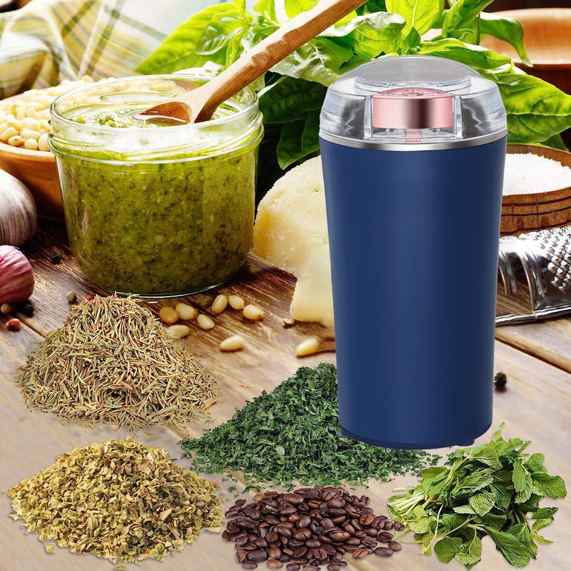 Electric Herb Grinder 200W Powerful Fast Grinding for Dry Spices Flower Buds with Brush, Easy On/Off One-Touch Push Button Powder Grinder Perfect For Herbs, Spices, Nuts, Grains and Coffee Beans Blue