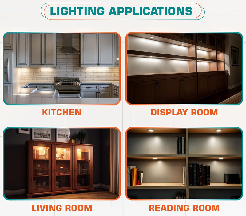 LED Kitchen Cabinet Lighting, Over and Under Closet Light Fixture, 120 Volt US Wall Plug in, Daisy Chained Linkable, Inline Touch Dimmer Switch, Black Cord, 6 Lights, Warm White 2700K