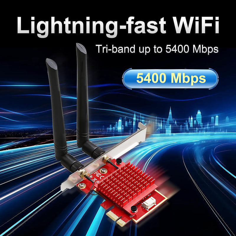WiFi 6E PCIe Card | Intel AX210 Chip | 5400Mbps Tri-Band 2.4GHz/5GHz/6GHz | Bluetooth 5.3 | Low Latency Wireless Adapter for Gaming & Streaming | Windows 10/11 Compatible