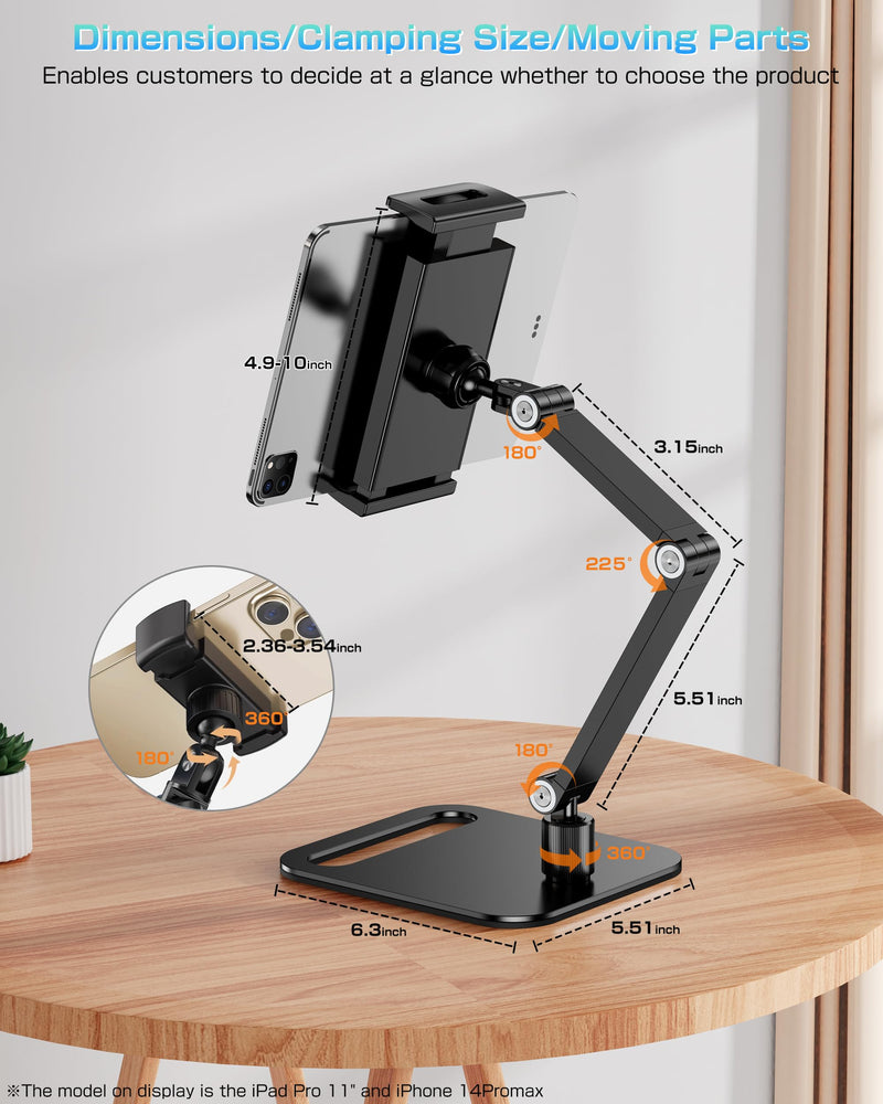 Tablet Stand Holder for iPad, Portable Monitor Stand Holder 15.6'',17.3'', Aluminum Alloy Foldable Arm Mount with 360° Swivel Desk Mount Compatible with 4.7-17.3inch Tablet, Cell Phone (Black) Black