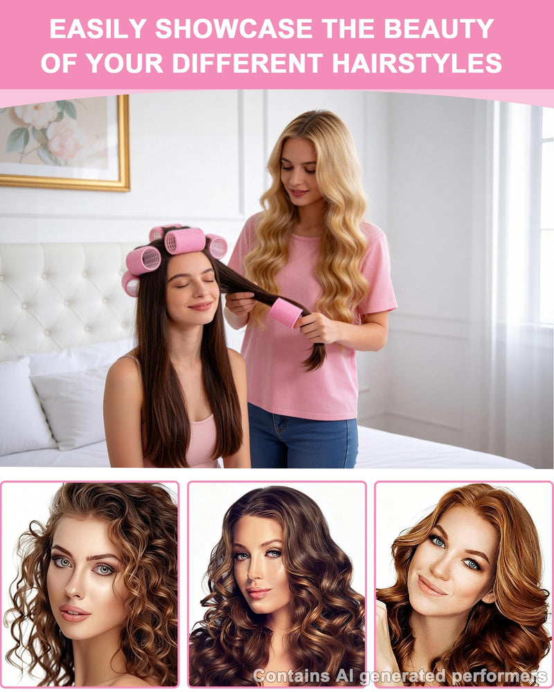50PCS Hair Rollers Set with 24 Clips, 4 Sizes Hair Curlers - Pink | 60/48/36/25mm, Fine Hair Lift, DIY Styling, Hair Volume, Long, Medium, Short