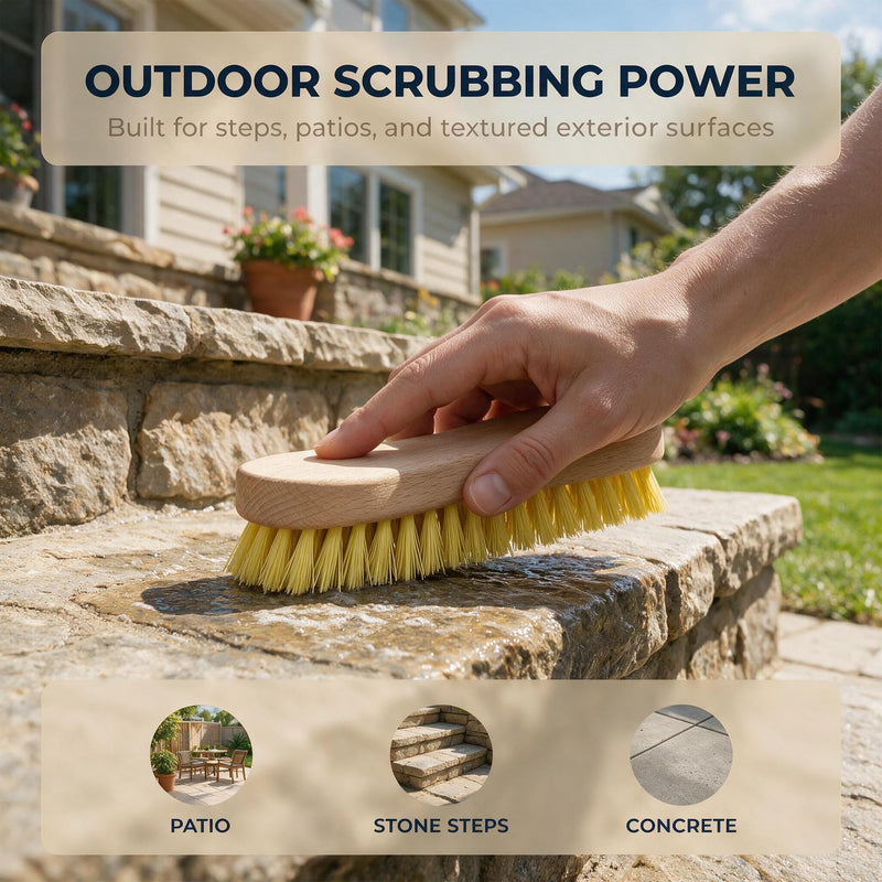 Stiff Bristle Nylon Scrub Brush – Heavy Duty Wooden Scrub Brush for Concrete, Tile, Grout, Patio Furniture, Outdoor Cushions, Entry Mats and Mud Cleaning