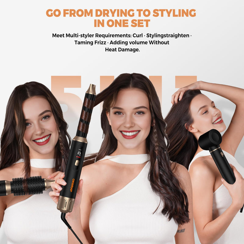 OKWRAP Airbrush 5 in 1 Airstyler 5 in 1 LCD Hair Styler | AirStyler Set Multi-Blow Dryer Brush Set with Curl, Straighten, Wavy, Smooth, Magic Styler for All Hair Types and Lengths Black