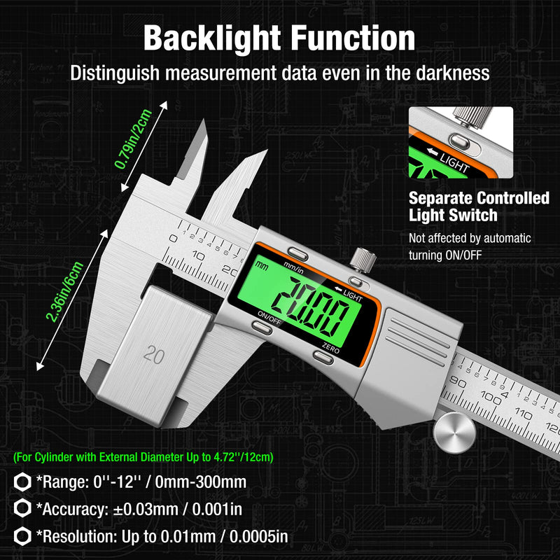 Digital Caliper 12 inch 300mm Micrometer Caliper All Stainless Steel Electronic Diameter Measuring Tool with Large LCD Screen for Household/Jewelers/DIY