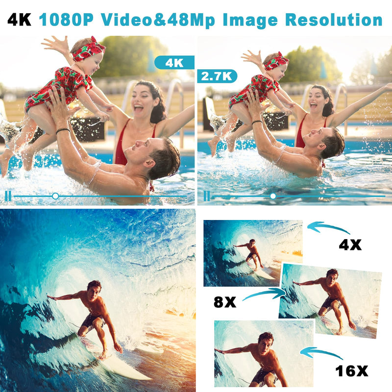 Underwater Camera 4K 48MP Waterproof Digital Camera with 32GB Card, Dual-Screen Selfie (Front & Rear), 10FT/3M Dive for Snorkeling, Surfing, Rafting, Swimming, Travel Red