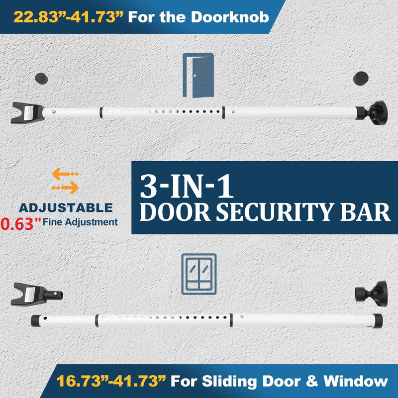 3-in-1 Door Security Bar with Heavy-Duty Metal, Adjustable 16"-41.7" Door Lock Stick,Sliding Patio Door Security Bar with 2.8" Non-Slip Base for Home,Apartment,Travel Safety–Portable Door &Window Lock White