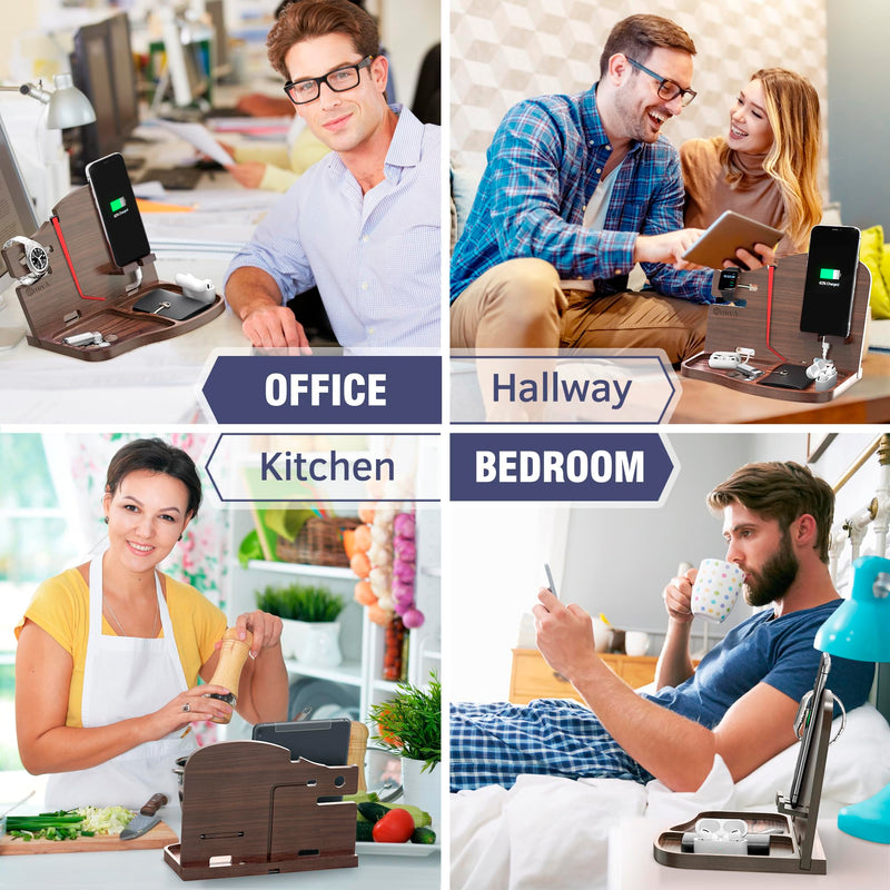 BarvA Wood Docking Station | Phone Stand & Desk Organizer | Night Stand Charging Station & Phone Holder | Compact Nightstand Organizer for Men's Accessories | Ideal Gifts for Men Dark Walnut