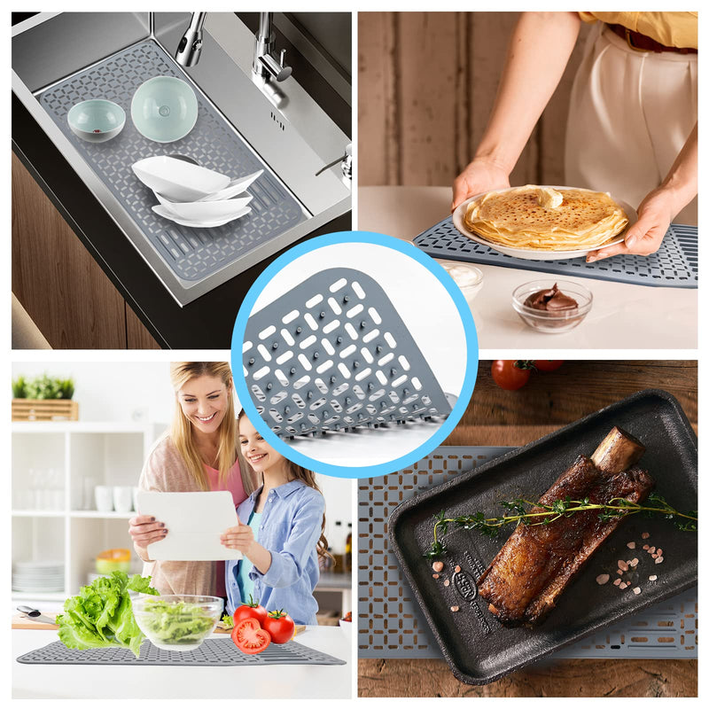 Silicone Sink Mat 26''x14'' Kitchen Sink Protector Mat With DIY Drain Hole, Grey Farmhouse Silicone Sink Mat Protector 1pcs Kitchen Sinks Accessories 26"