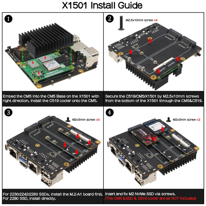Geekworm X1501 CM5 IO Carrier Board for Raspberry Pi Compute Module 5 Support Dual M.2 NVMe SSD|1GbE + 2.5GbE Ethernet Ports