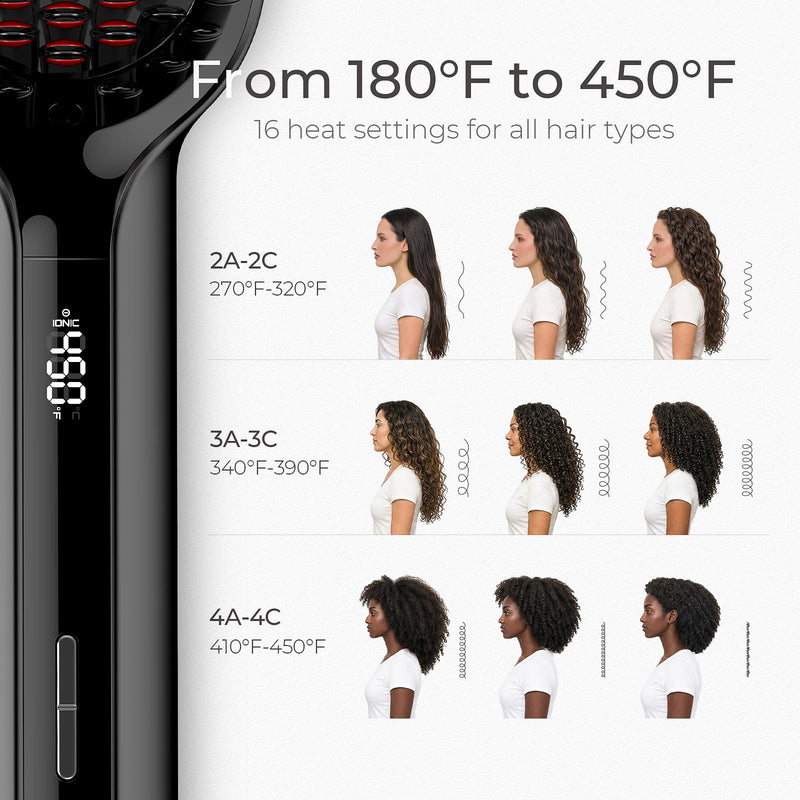 TYMO Ionic Plus Hair Straightener Brush UK, Upgraded Straightening Brush with Dense Bristles for Thick Hair, 16 Temps (80℃~230℃) LED Display, 10 Million ions, Dual Voltage, Hot Comb for Women (Black) Black