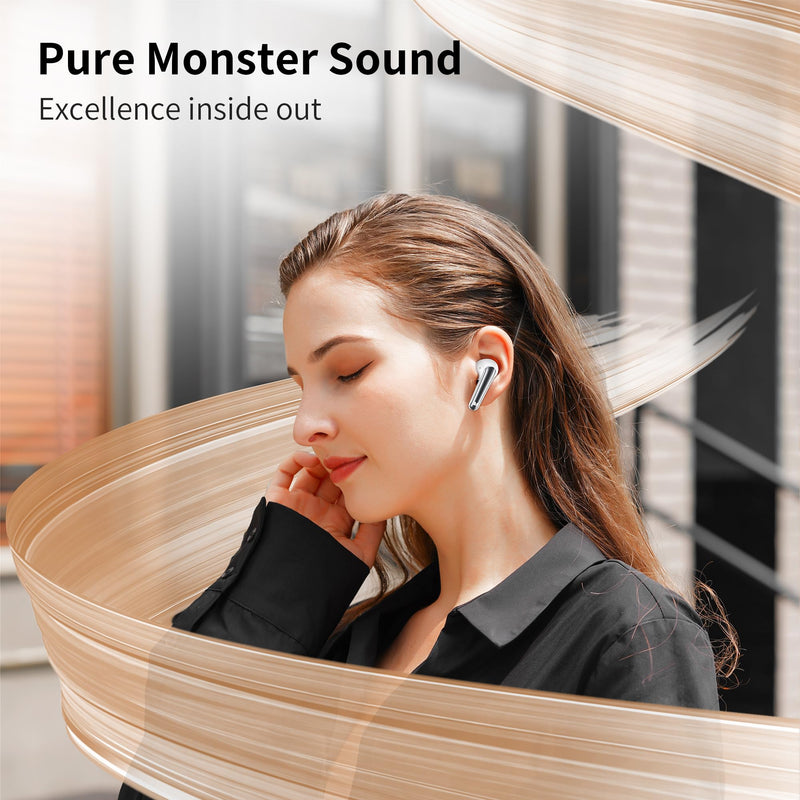 Monster N-Lite 203 AirLinks Wireless Earbuds, Bluetooth 5.3 Hi-Fi Stereo Sound, Type-C Fast Charging, Touch Control, IPX6 Waterproof in-Ear Headphones, 30 Hours Playback White