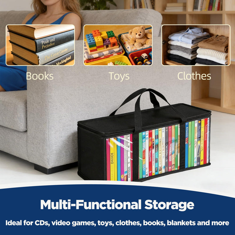 DVD Storage Bags, Clear PVC Media Organizer with Handles, Front Zipper Window, Stackable Holder for Blu Ray Discs, Movie Cases and VHS Boxes, 2 Pack, Holds 70 DVD Cases Total, 35 per Bag (SB-A-01) SB-A-01 Black