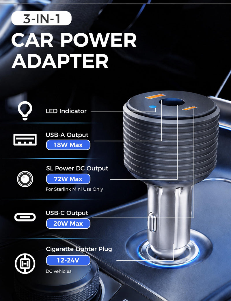 72W Max Stable Voltage Boost Starlink Mini Car Adapter, 3-in-1 Car Charger | 12V to 24V DC Boost Converter, Dual USB Ports, Heat-Resistant Aluminum Housing, Smart Chip, Car Adapter for Cars/Trucks/RVs