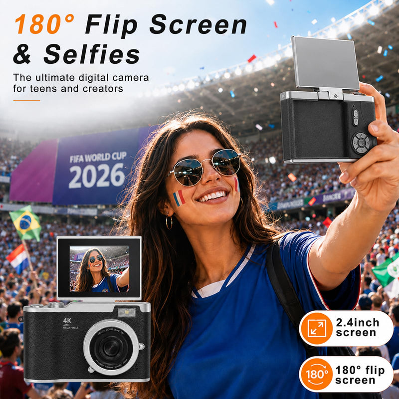 Digital Camera with Flip Screen, Camera for Photography with 32GB SD Card | 180°Rotating Selfie Camera with Neck Lanyard, Camping Point and Shoot Camera Fill Light for Teens Kids Travel（Black) Black Compact