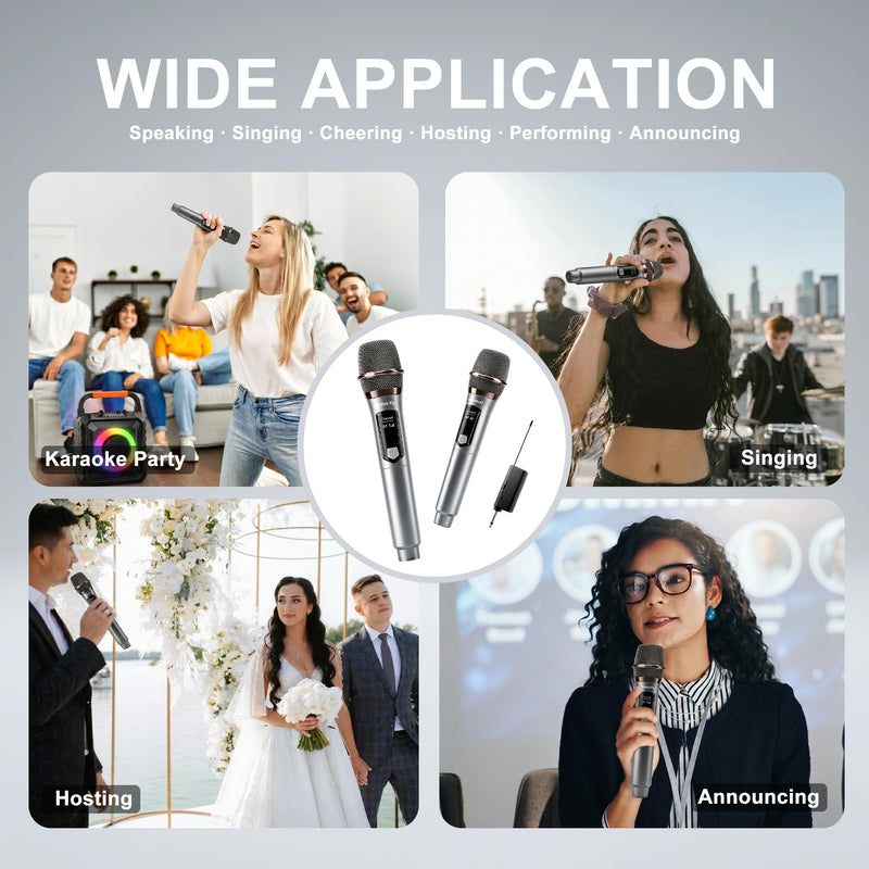 Wireless Microphone, Dual Handheld Dynamic Mics with Rechargeable Receiver, 200ft Range, 12H Duration, Portable Karaokee Microphone for Singing, Speaking & Wedding