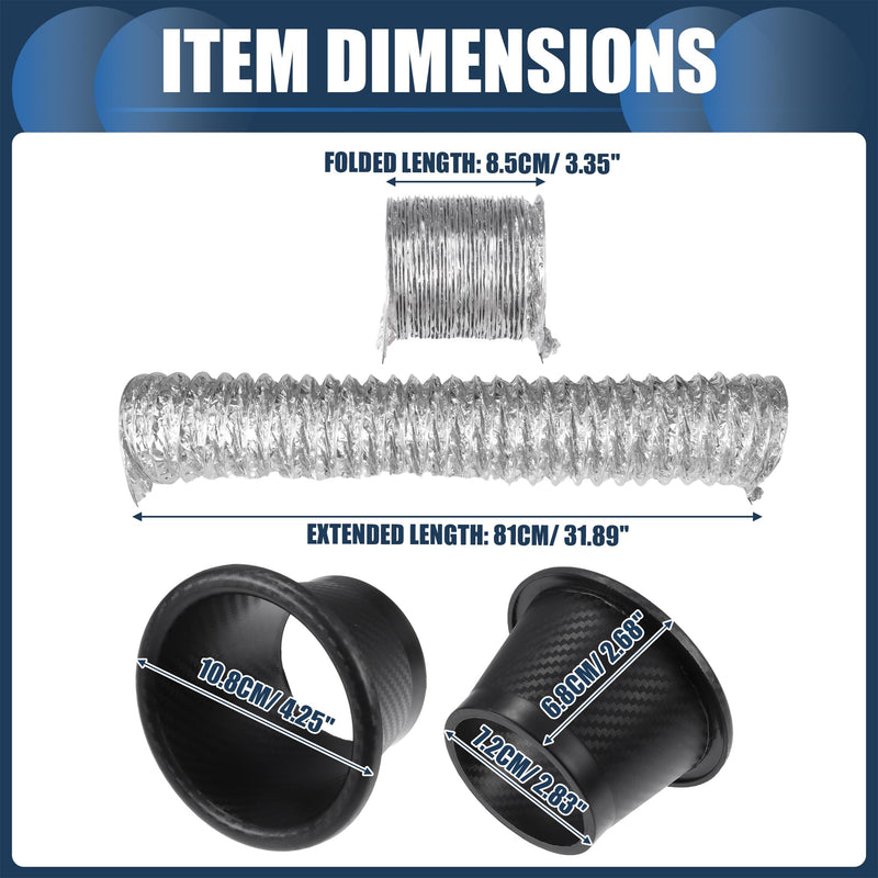 Air Intake Duct, Front Bumper Car Round Brake Air Duct with Extendable Flexible Hose and Hose Band Plastic Aluminum Black, 1 Set