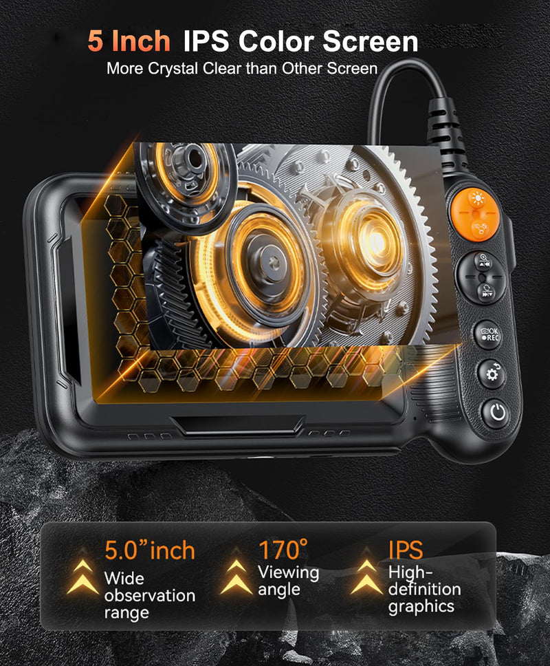 Dual Lens Endoscope Camera with Light, 1080P Borescope Inspection Camera with 5" IPS Screen, 32.8FT Semi-Rigid, 8+1 LEDs & 32GB Card, 7.9mm IP67 Waterproof Sewer Snake Cam for Car Plumbing Wall