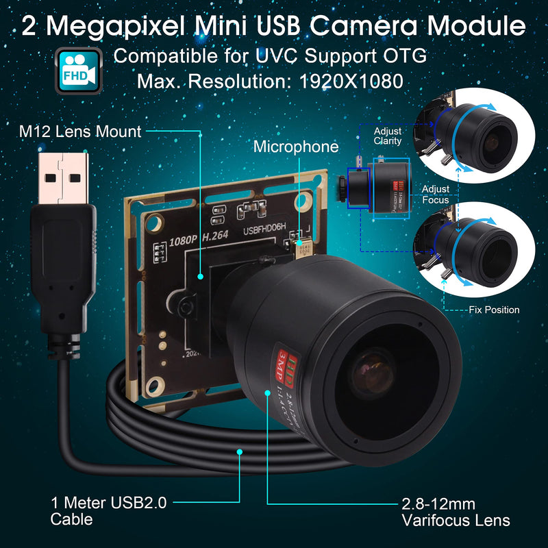 1080P USB Camera Module, 0.01Lux Low Light Camera with 2.8-12mm Varifocal Lens H.264 2MP CMOS IMX323 UVC Industrial Webcam Board for Window Linux Android Mac OS