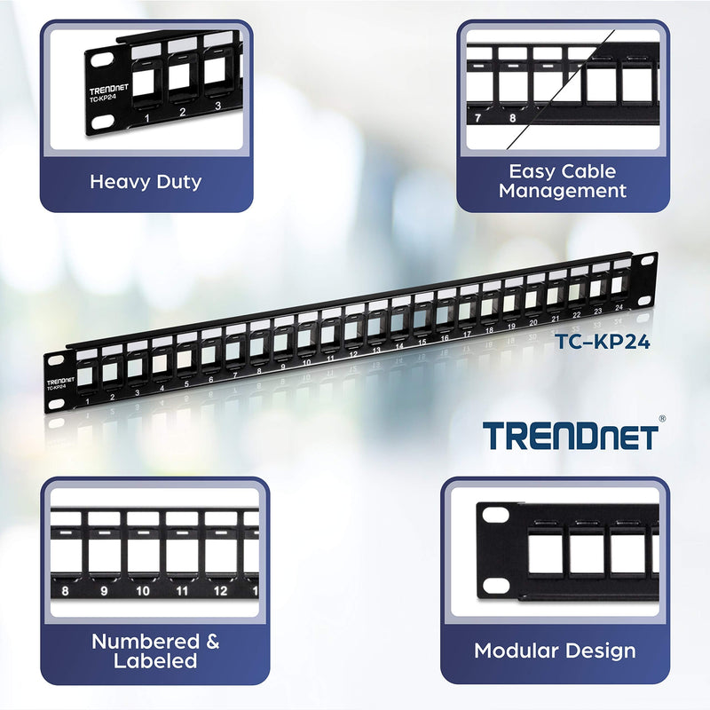 TRENDnet 24-Port Blank Keystone 1U Patch Panels, TC-KP24/2, 1U 19" Metal Rackmount Housing, Recommended with TC-K25C6 & TC-K50C6 Cat6 Keystone Jacks (Sold Separately), NDAA Compliant, Black 2 Pack