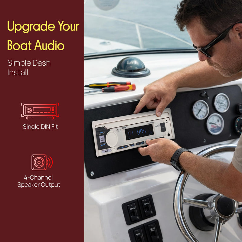 Pyle Marine Radio Single DIN Receiver – Bluetooth Wireless Streaming, AM/FM Tuner, USB/AUX MP3 Playback, Hands-Free Calling, Remote Control, RGB Buttons, Splash-Resistant Stereo Upgrade White
