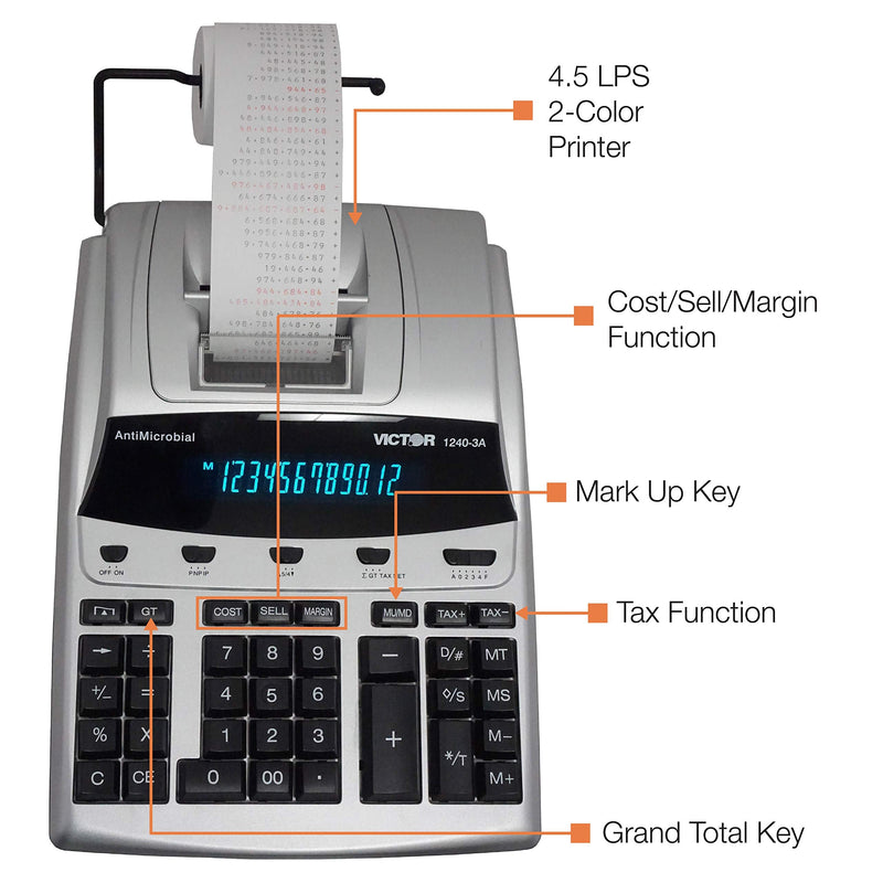 Victor 12-Digit Desktop Adding Machine, Large Easy To Read Display, Tape Print Out with 4,5 lines-per-second ribbon printer, Tax, Cost, Sell and Margin keys (1240-3A)