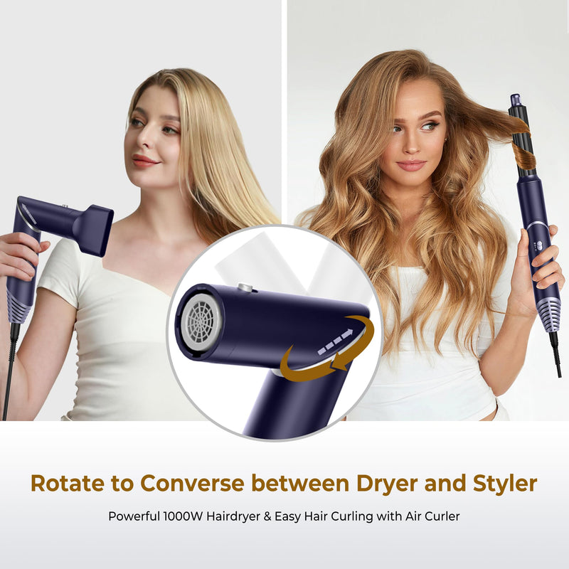 UKLISS 5 in 1 Hair Air Styler Dryer with Air Curlers Auto Curling Wands Multi-use Hair Blow Dryer for Women Set, with Hair Styling Tools Hair Styler Hair Curlers Hair Straightening Brush, Blue/Sliver