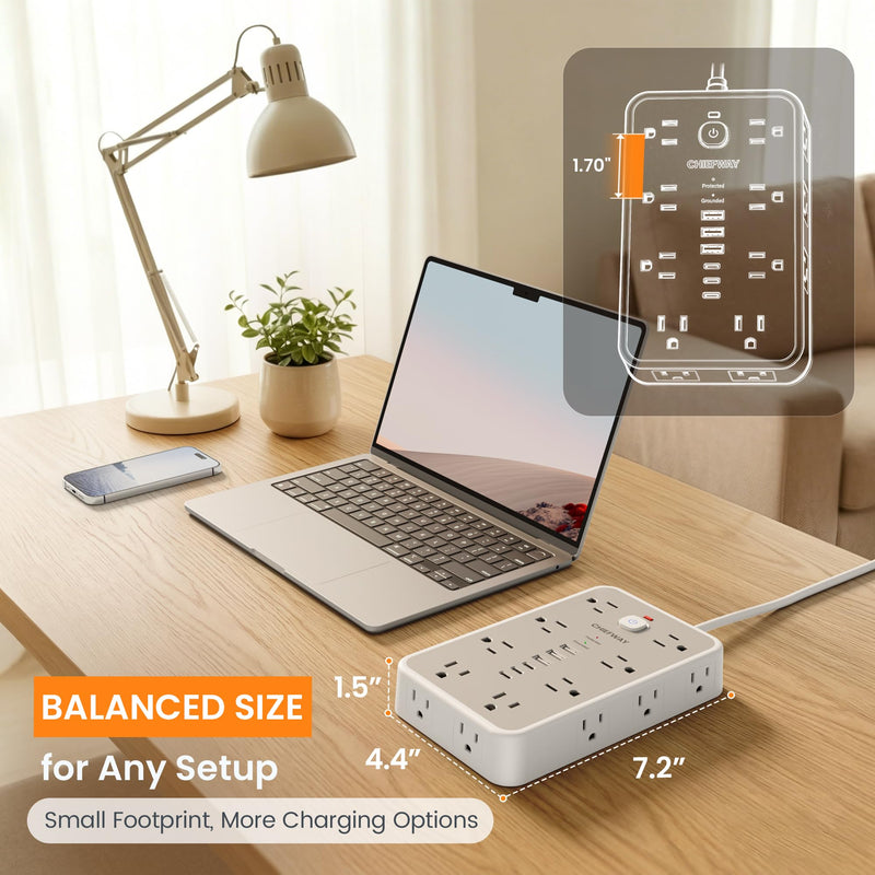 6 FT Surge Protector Power Strip with 6 USB, 16 Outlets, 2400J | 3 USB-A & 3 USB-C Ports, 1.7" Wide-Spaced Outlets, 1875W/15A, Flat Plug, 4-Sided Design for Home, Office, Dorm & Gaming White / Gray 6 FT
