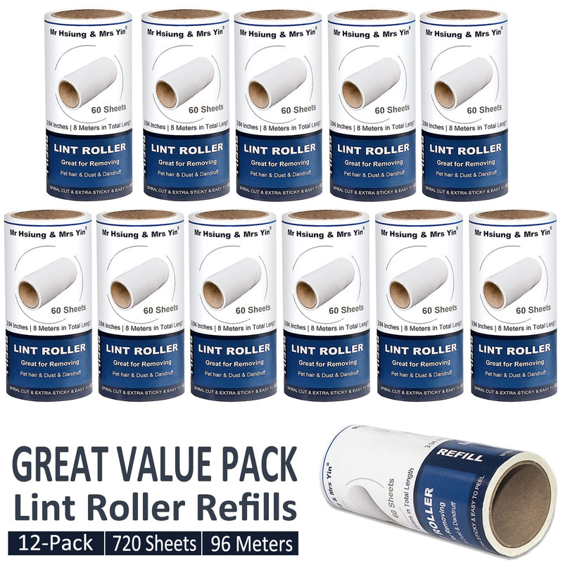 720 Sheets Lint Roller Refills (12 Pack) – Extra Sticky Refills for Lint Roller, Clothes & Pet Hair Removal, Dog Hair Remover, Lint Brush – Value Pack, Great Value for Money 12 Refills