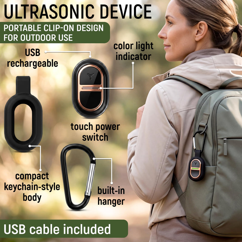 Ultrasonic Portable Keychain for Outdoor Use, Rechargeable Clip-On Rainproof Device with 7 Adjustable Frequency Settings, USB Cable for Camping, Hiking, Backyard, Travel, 1.0 × 1.1 × 0.6 in
