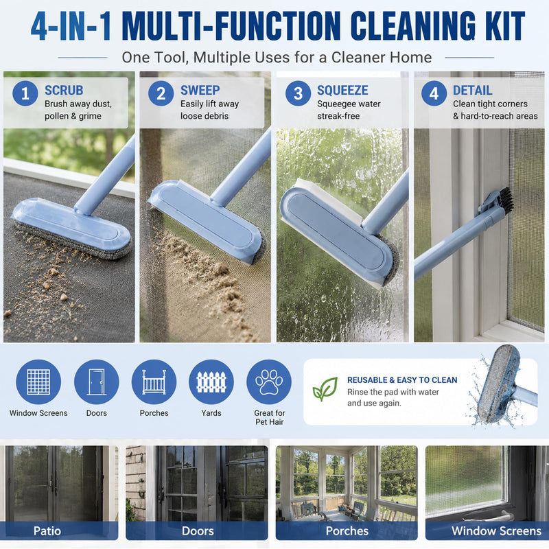 2026 New Window Screen Cleaning Brush, 4-in-1 Multi-Functional Cleaning Tool, Screen Cleaning Brush, Mesh Screen Cleaner, Gentle for Cleaning Dust and Hair