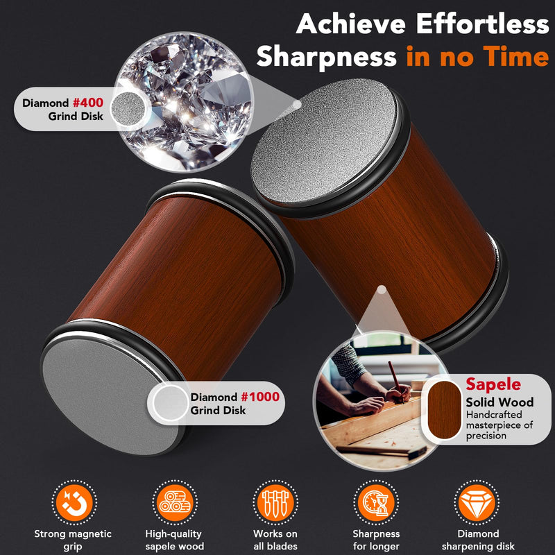 Rolling Knife Sharpener for Razor Sharp Edges, Easy Kitchen Knife Sharpening Tool Kit for Steel of Any Hardness, 15 & 20 Degrees Powerful Magnetic Holder